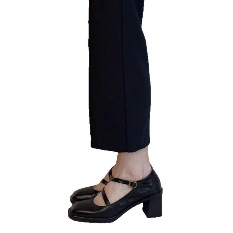 Square Toe High Heel Mary Jane Shoes Female Chunky Heel Low-cut