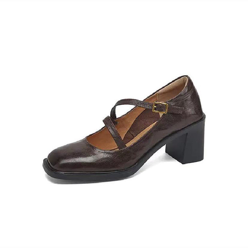 Square Toe High Heel Mary Jane Shoes Female Chunky Heel Low-cut