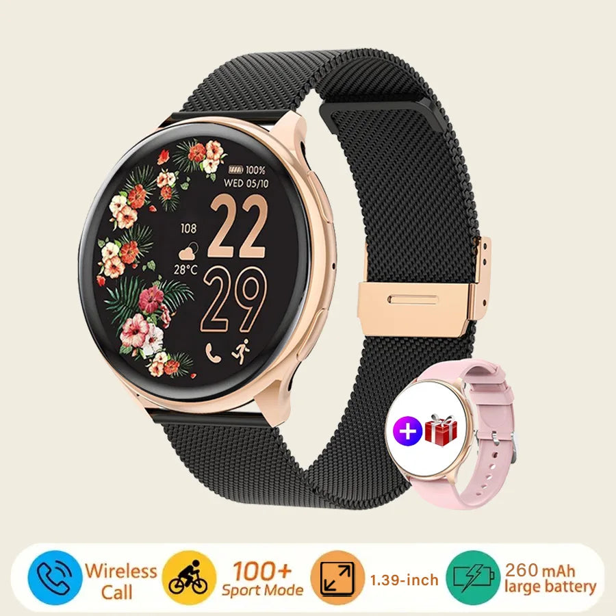 Smart watch for women, always-on display, IP67, fitness tracker with sleep monitoring/menstrual cycle, black gold