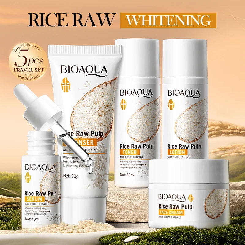 BIOAOUA Rice Milk Travel Kit Whitening Skin Care Facial Cleanser + Toner + Serum + Lotion + Face Cream Brightening Skin Care