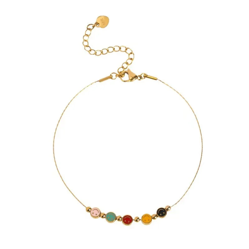 Fashion New Rainbow Smile Face Bracelets for Women Girls Stainless Steel Colorful Chain Jewelry Summer Beach Anklets Gifts 2023