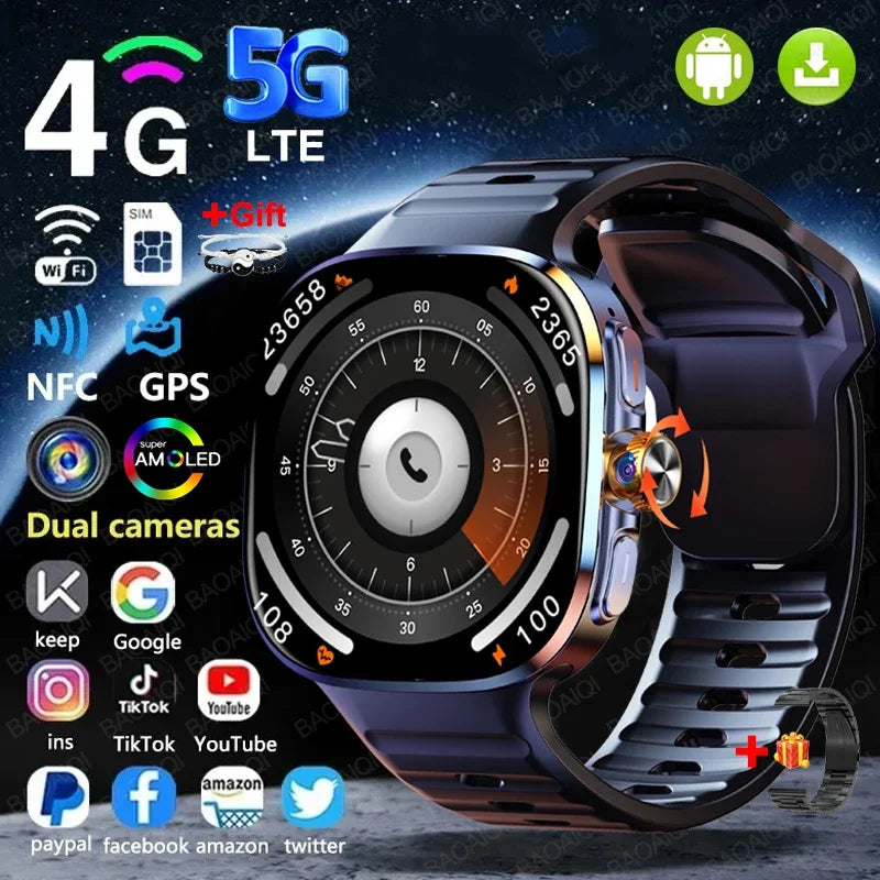 New Large Screen Smartwatch 4G/5G SIM Card Android 10.0 AMOLED 2.4 inch 900W Pull-out Swivel Camera smart watches 16GB+256GB RAM