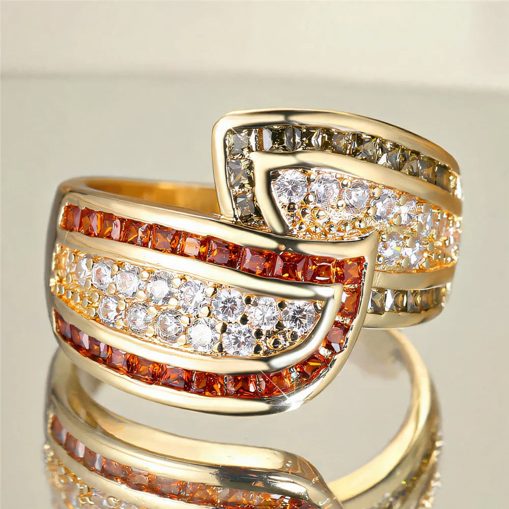 Cute Female Red Crystal White Zircon Stone Gold Color Wedding Jewelry Promise Engagement Wheat Rings For Women