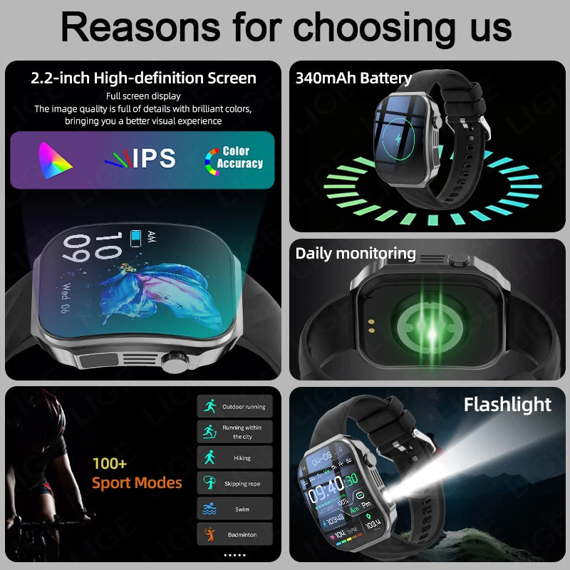 LIGE New 2.2 inch 3D curved Screen Smart Watch Men Bluetooth Call Flashlight 100+Sports Mode Man Watch Waterproof Men Smartwatch