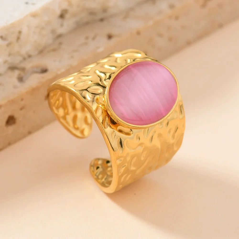 Fashion Stainless Steel Round Natural Stone Green Turquoise Malachite Geometric Ring Women Bohemian Vintage Jewelry