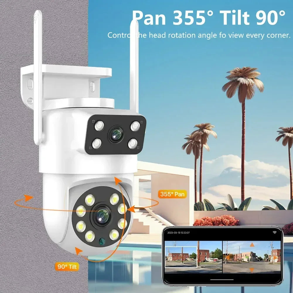 EseeCloud 4K 8MP Dual Lens Dual Screens Mini Wireless PTZ Camera Two Way Audio Color Night Vision Outdoor Waterproof Wifi Camera