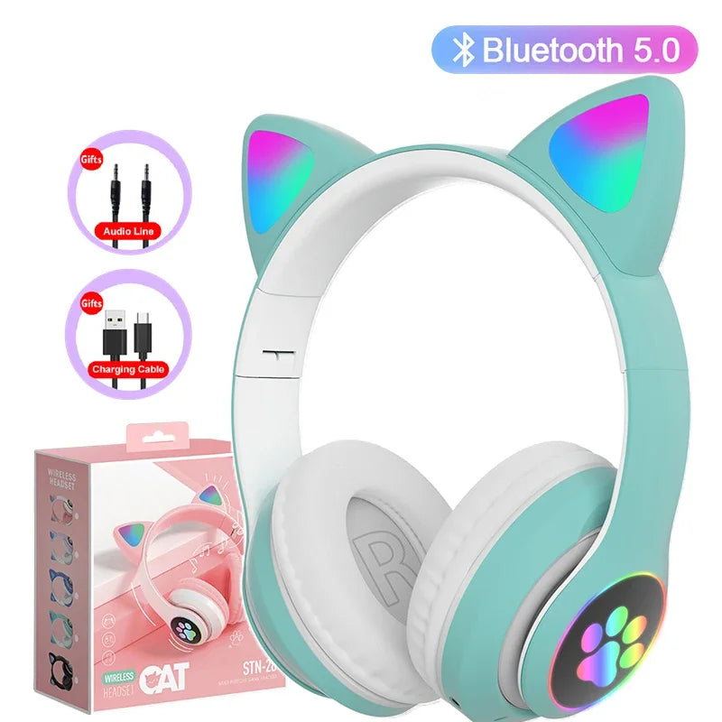 Flash Lamp Cute Cat Ears Headphone Bluetooth5.0 Stereo With Mic Support TF Card Wireless Kids Girl Earphone Birthday Gift