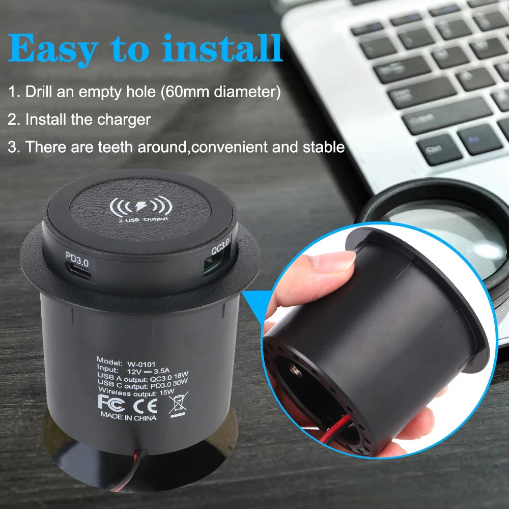 Car Charger Embedded Wireless Charger Outlet Socket For Camper Truck ATV Boat Car RV USB Type-C Quick Charge PD 3.0 15W