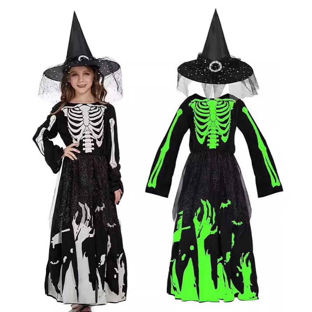 Halloween Skeleton Costumes Dresses Set with Hats Kids Cosplay Zombie Spooky Horror Dress Day Of The Dead Rave Party Clothes