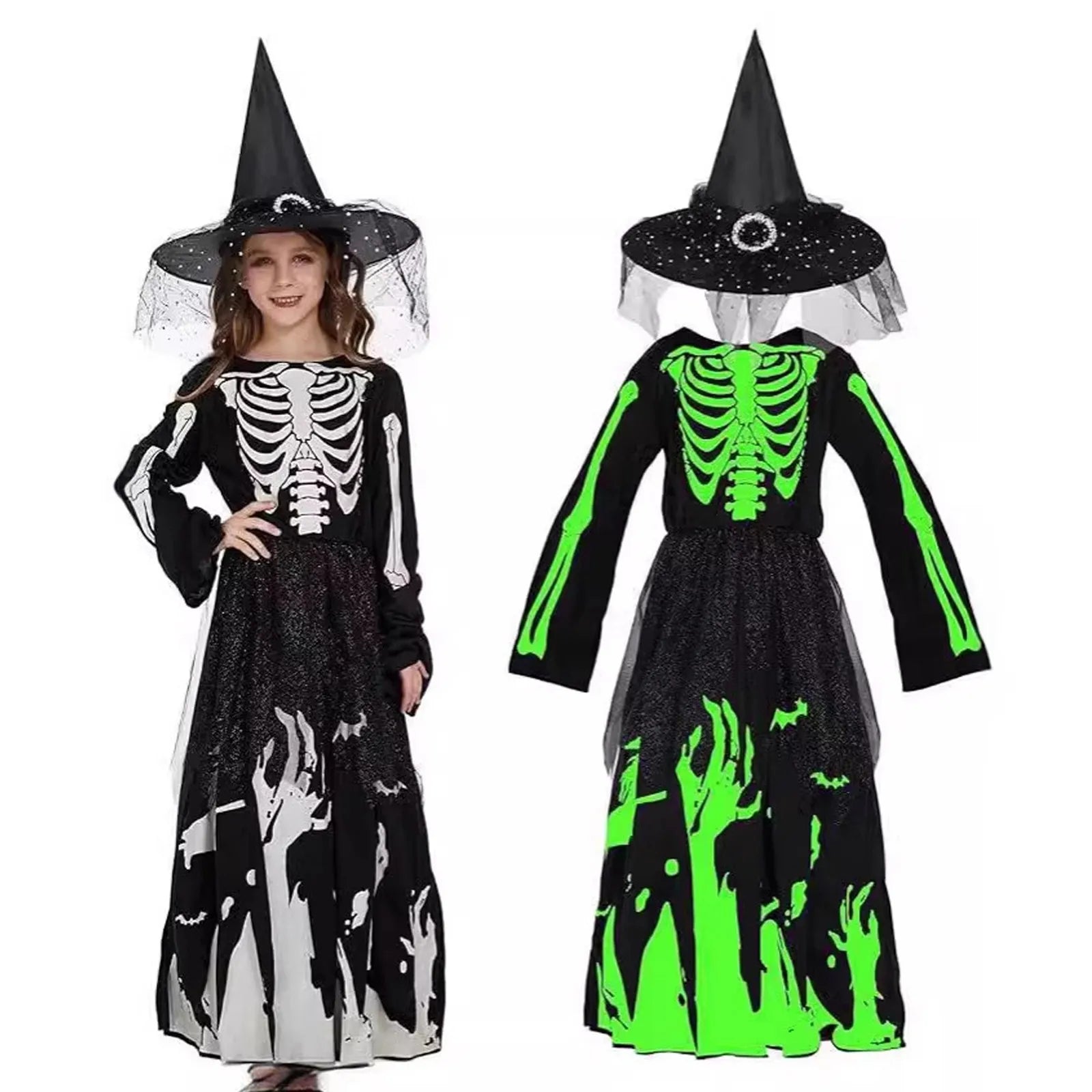 Halloween Skeleton Costumes Dresses Set with Hats Kids Cosplay Zombie Spooky Horror Dress Day Of The Dead Rave Party Clothes