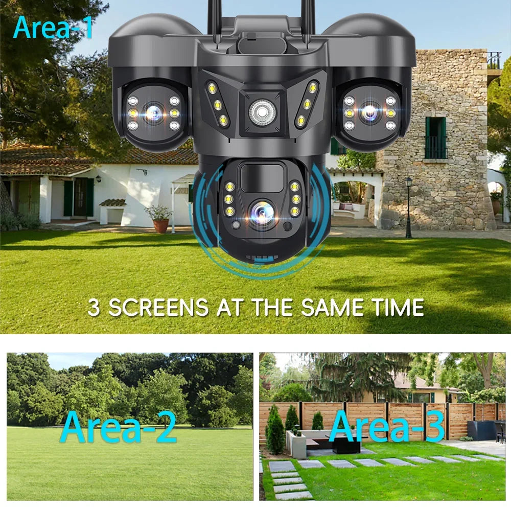 15MP Triple Lens PTZ 10X Zoom Solar Camera Outdoor Triple Screen 4G SIM Secure 360° Auto Tracking Smart Home Wireless CCTV Cam
