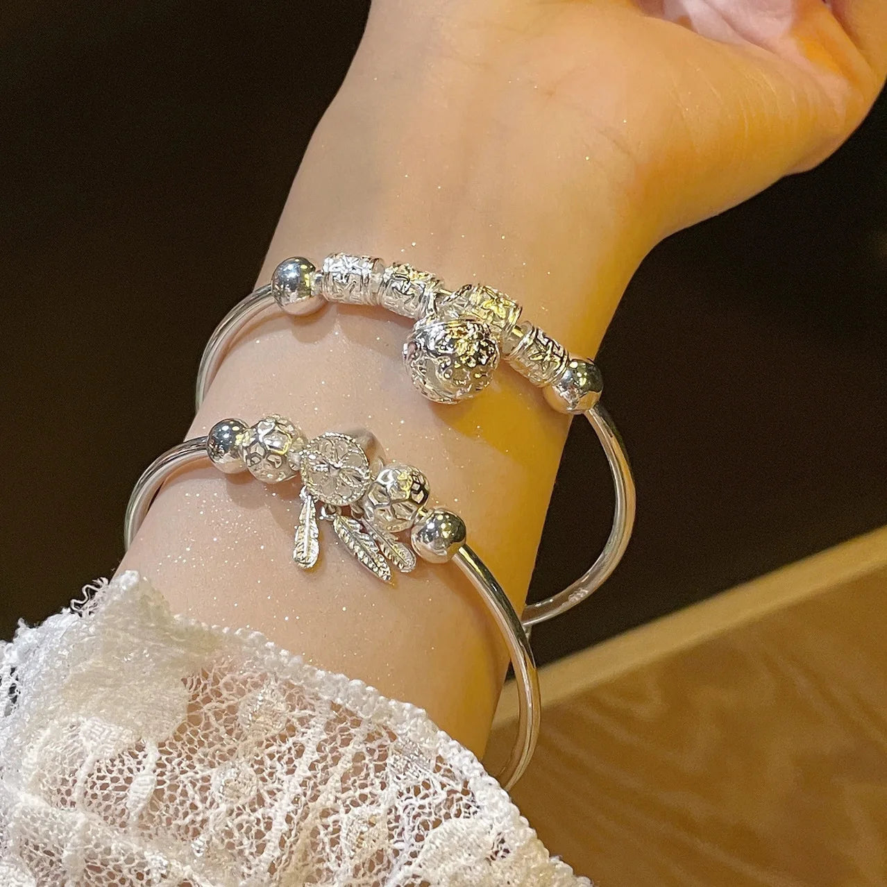 925 Sterling Silver Bracelets Woman Dreamcatcher Tassel Feather Round Bead Adjustable Charm Bracelet for Women Party Jewelry