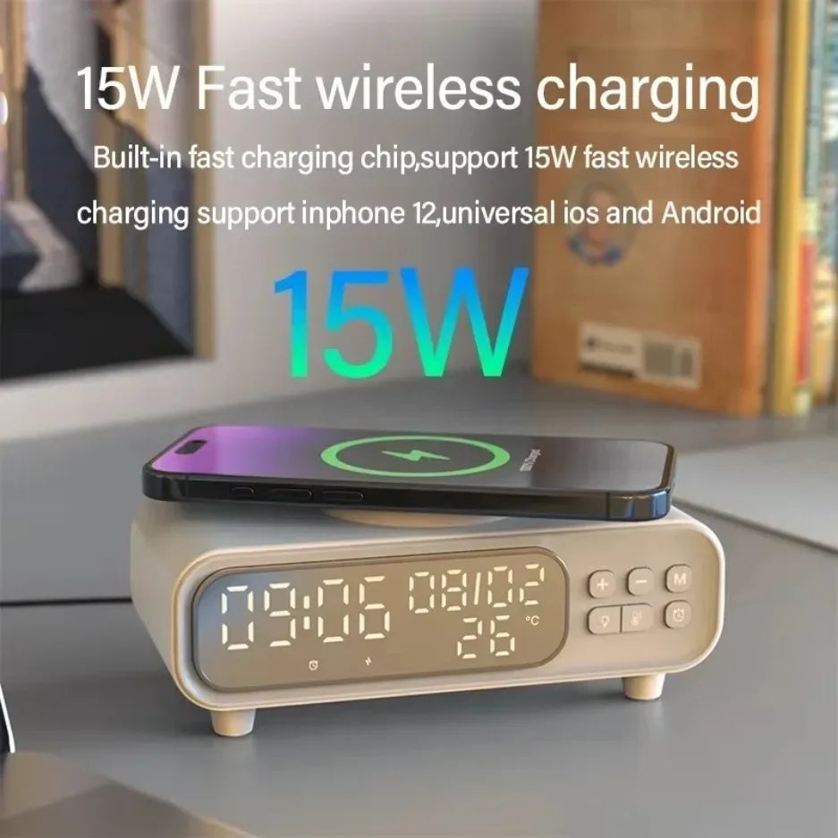 Wireless Charger Time Alarm Clock LED Night Light Thermometer Earphone Phone Chargers Fast Charging Dock Station For iPhone