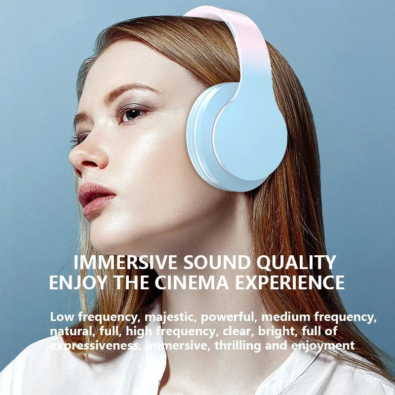 Gradient Bluetooth Headset Cute Wireless Music Headphone with Mic Gamer Earphone Kids Lovely Christmas Gifts for Girl PC Gaming