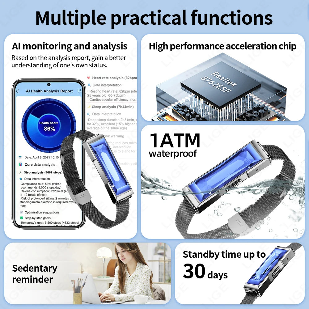 LIGE Smart Chain Bracelet For Women Bluetooth Connected APP Sports Heart Rate Blood Oxygen Sleep Monitor Ladies Smart Bracelet