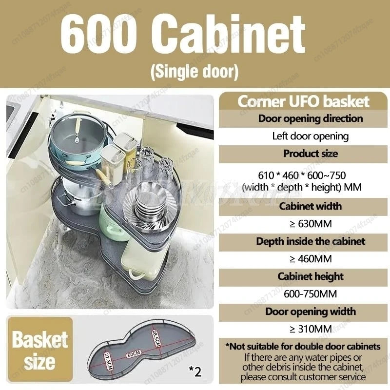 Kitchen Cabinet Corner Basket Drawer Stainless steel Double-Layer whirl Pull-out Storage Organizers Removable,Height Adjustable