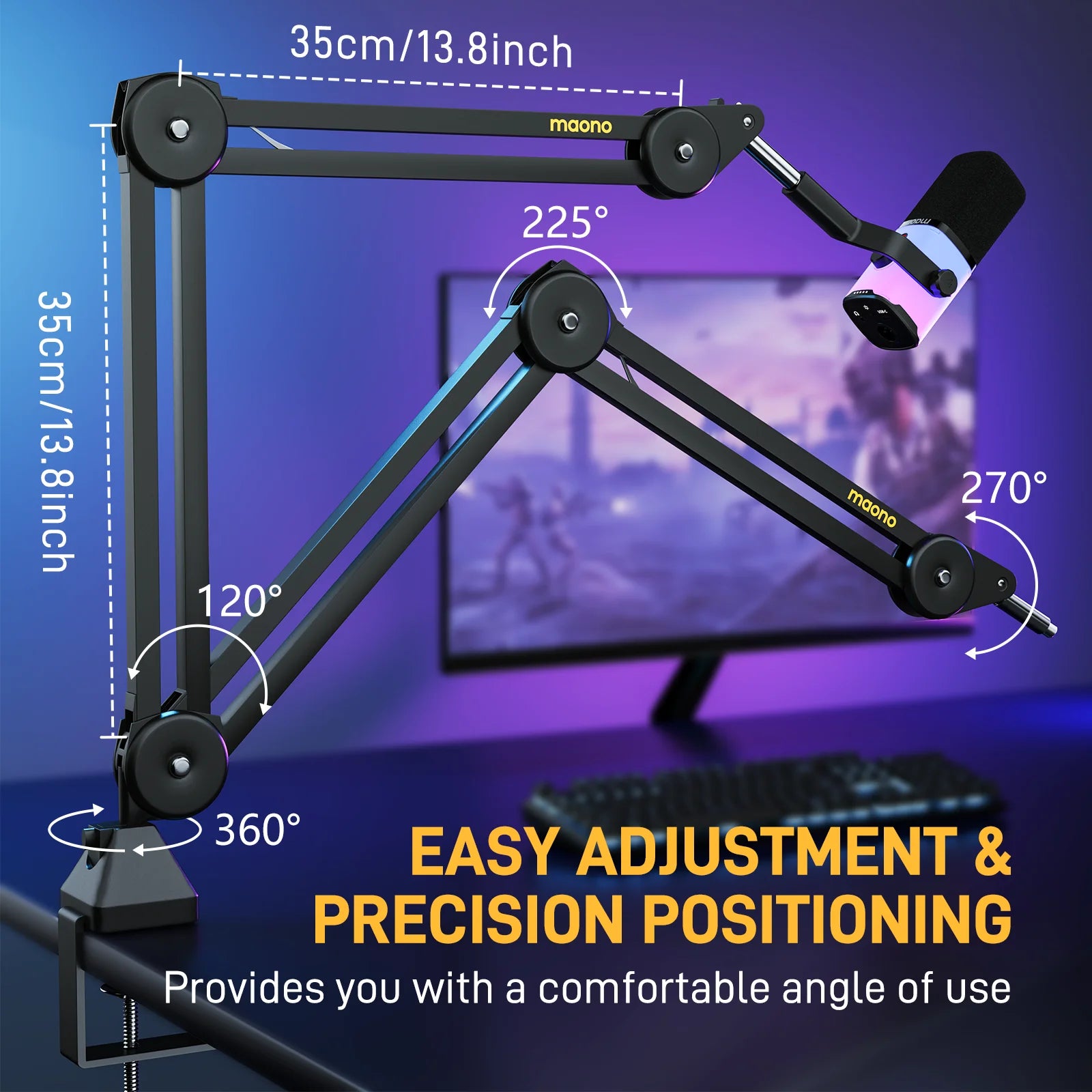 MAONO Microphone Boom Arm:Heavy Duty Adjustable Metal Suspension Mic Stand,Upgraded Desk Clamp,3/8" to 5/8" Screw Adapter,BA37