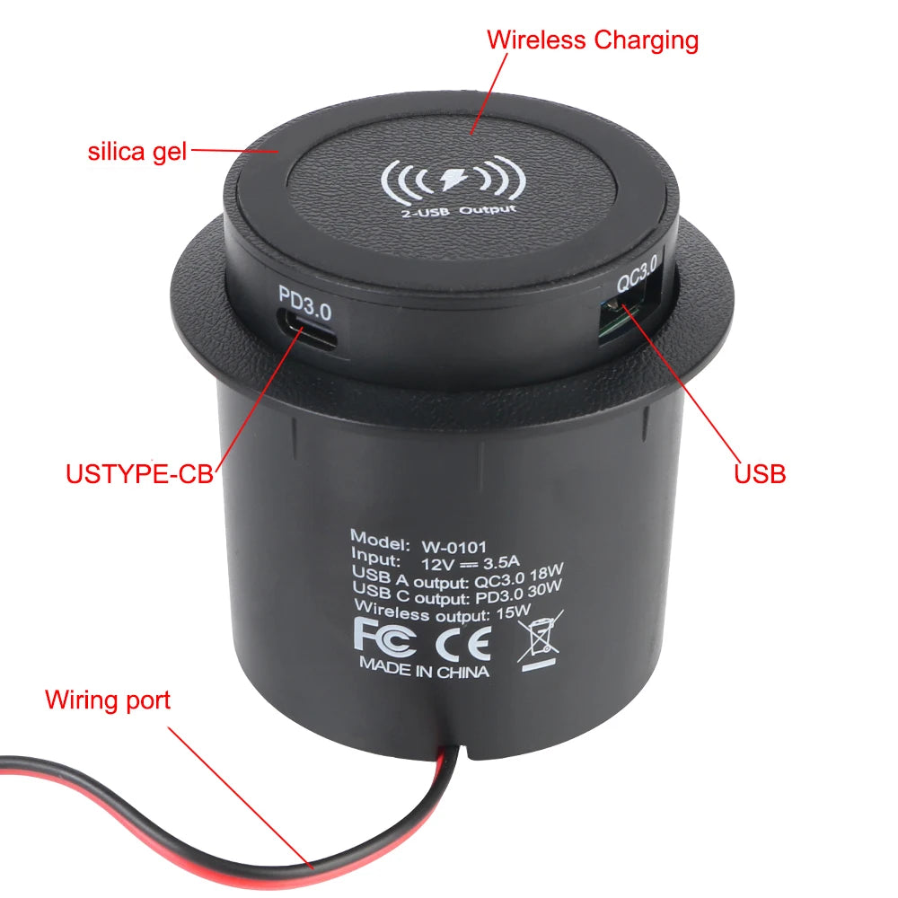 Car Charger Embedded Wireless Charger Outlet Socket For Camper Truck ATV Boat Car RV USB Type-C Quick Charge PD 3.0 15W