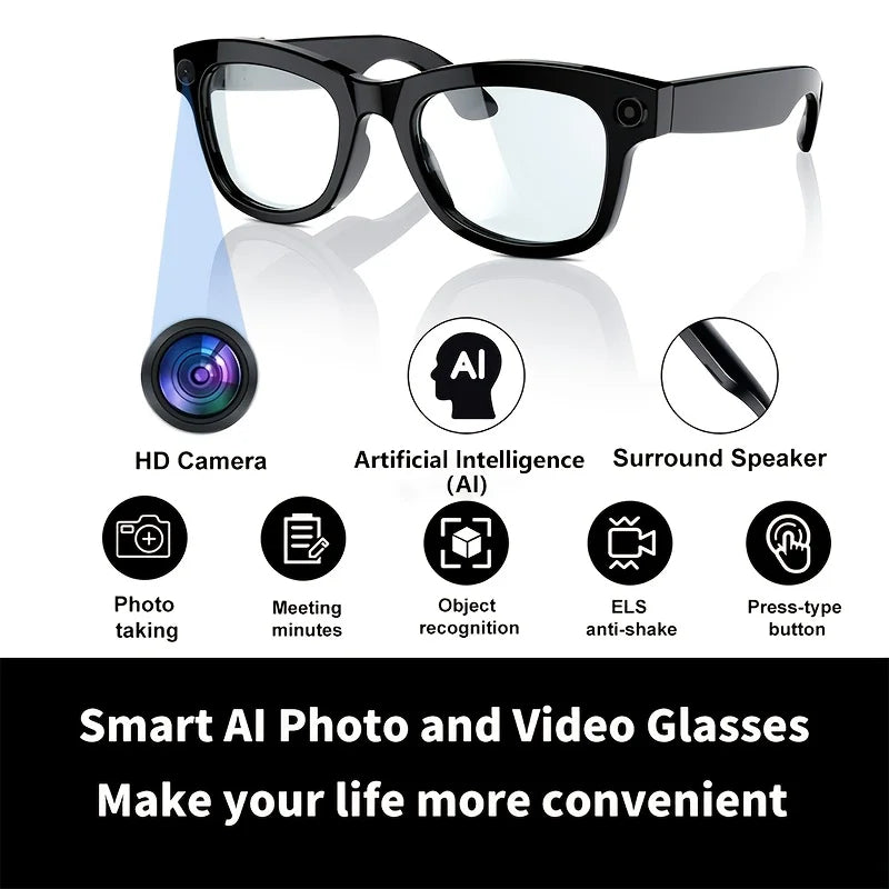 AI Smart Glasses Built-in HD Camera Glasses Bluetooth Wireless Audio Intelligent Glasses Anti-glare Anti-blue Connected Glasses