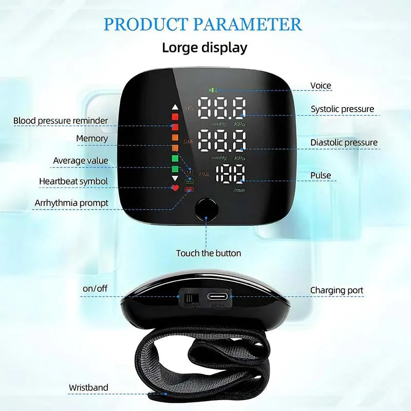New LED Wrist Blood Pressure Monitor Rechargeable English Voice Broadcast Sphygmomanometer Tonometer BP Monitor