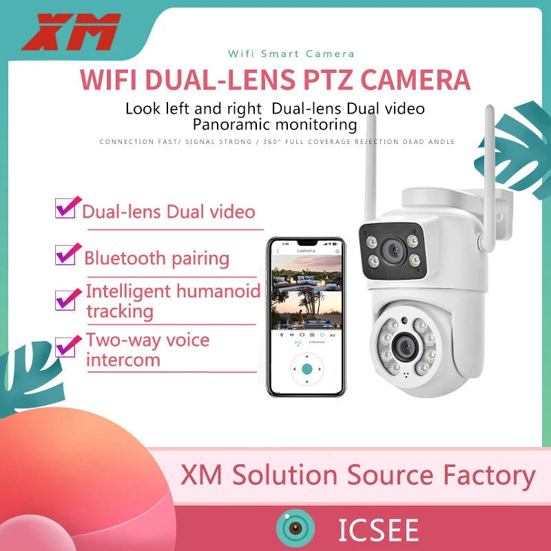 6MP WiFi Camera PTZ Dual Screens Auto Tracking Night Vision CCTV Surveillance Camera Outdoor 4MP Security IP Camera icsee