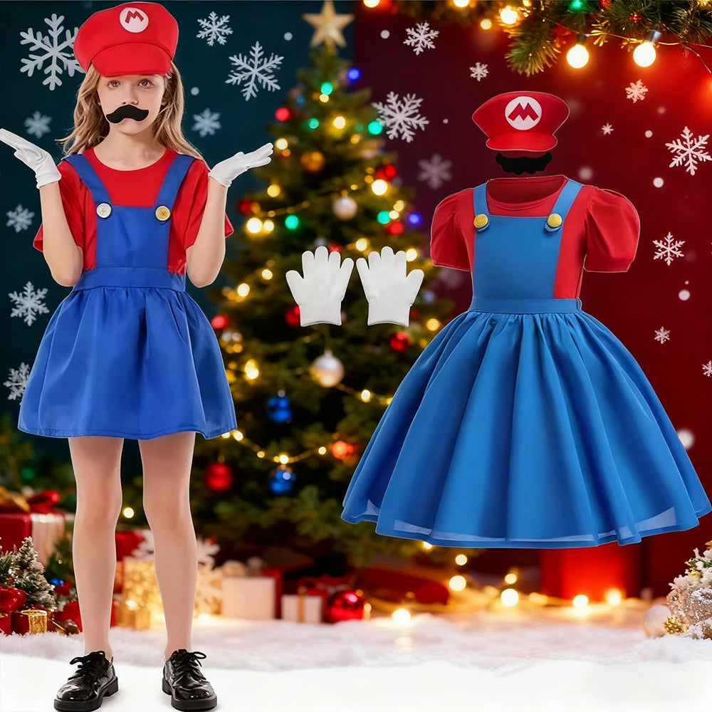 Halloween Costume Sets For Children Cartoon Bros Cosplay Dress+Top+Hat+Fake Beard Christmas Girls Party Dresses Carnival Outfits