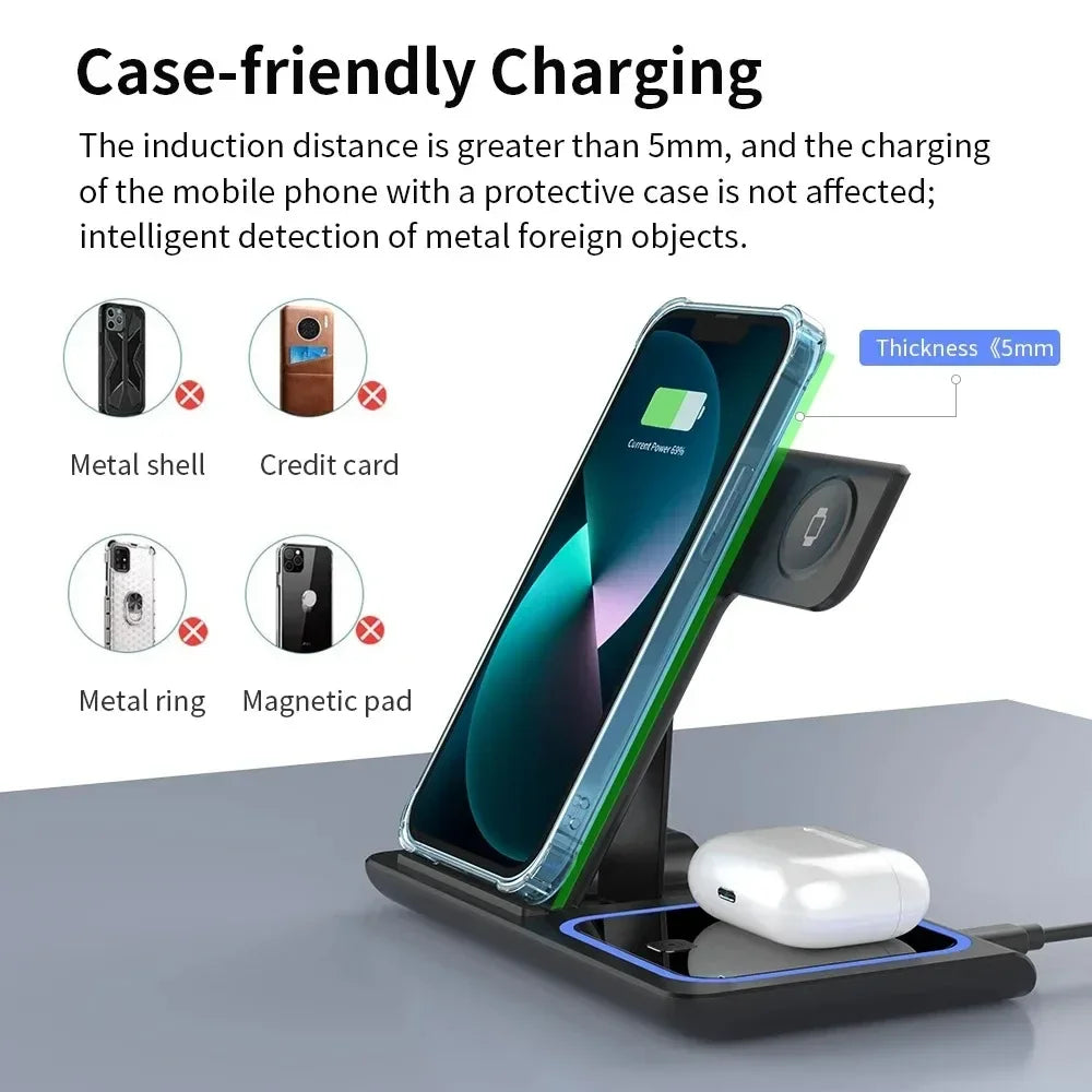 Wireless Charger Stand 3 in 1 30W LED Foldable Wireless Charger For iPhone 16 15 Pro Max iWatch 8 7 Airpods Charge Dock Station