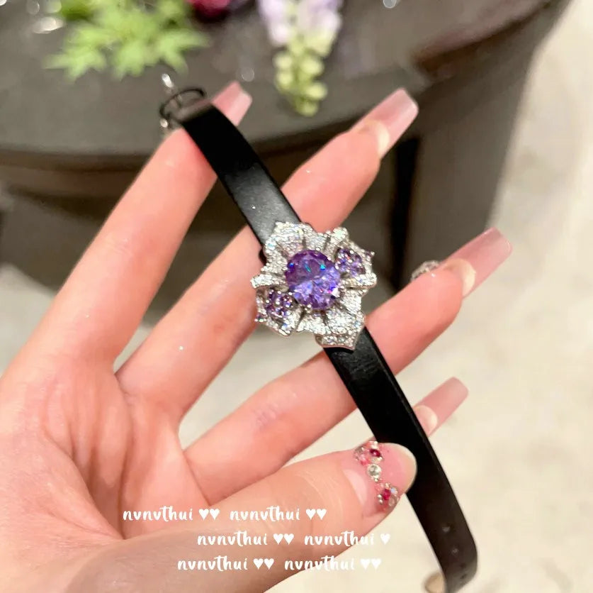 2024 New Fashion Amethyst Bracelet with PU Wrist Strap Elegant Platinum Plating Luxury Diamond Bracelet Bangles Vintage Jewelry