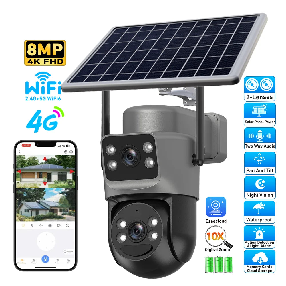 HongGlobal 8MP Wireless Solar Powered Surveillance Camera Eseecloud Dual Lens 4K Home Security 5G WiFi/4G Outdoor Solar CCTV Cam