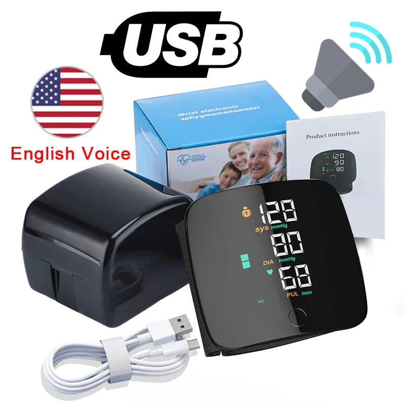New LED Wrist Blood Pressure Monitor Rechargeable English Voice Broadcast Sphygmomanometer Tonometer BP Monitor