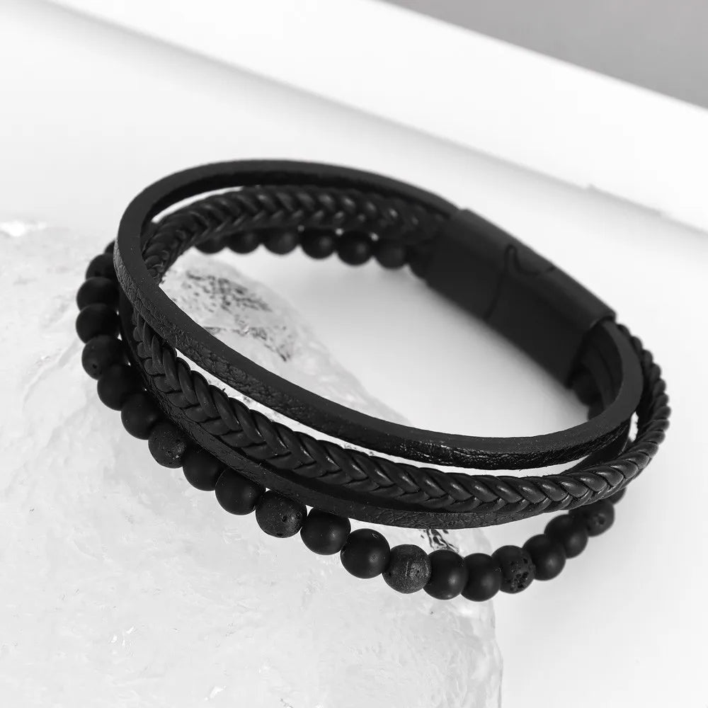 New Vintage Leather Handwoven Rope Bracelet Leather Beaded Magnetic Buckle Men's Bracelet Fashion Jewelry Wholesale