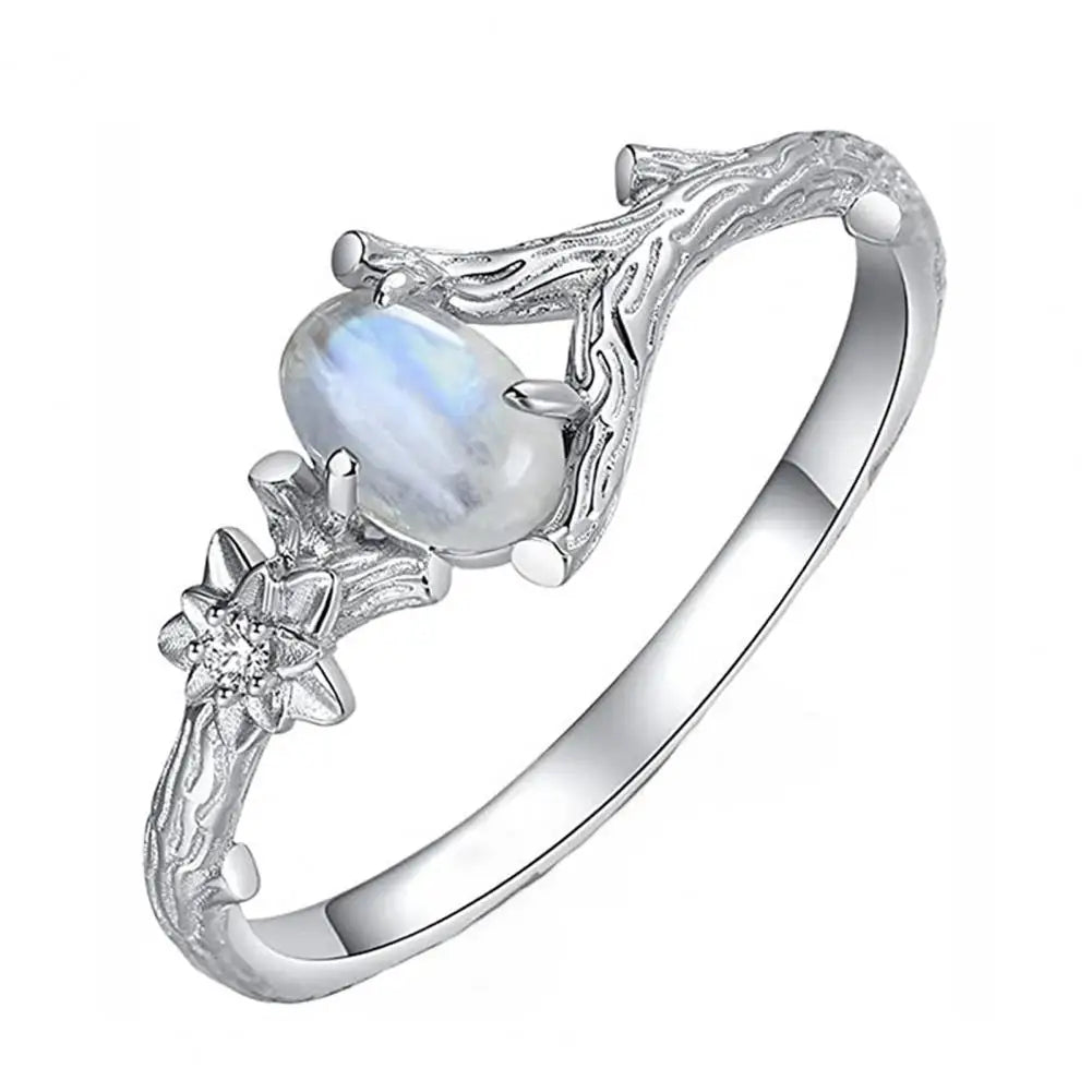 Women Ring Finger Ring Fashion Jewelry Natural Stone Silver Color Engraved Tree Branch Flower Vintage Faux Moonstone Inlaid