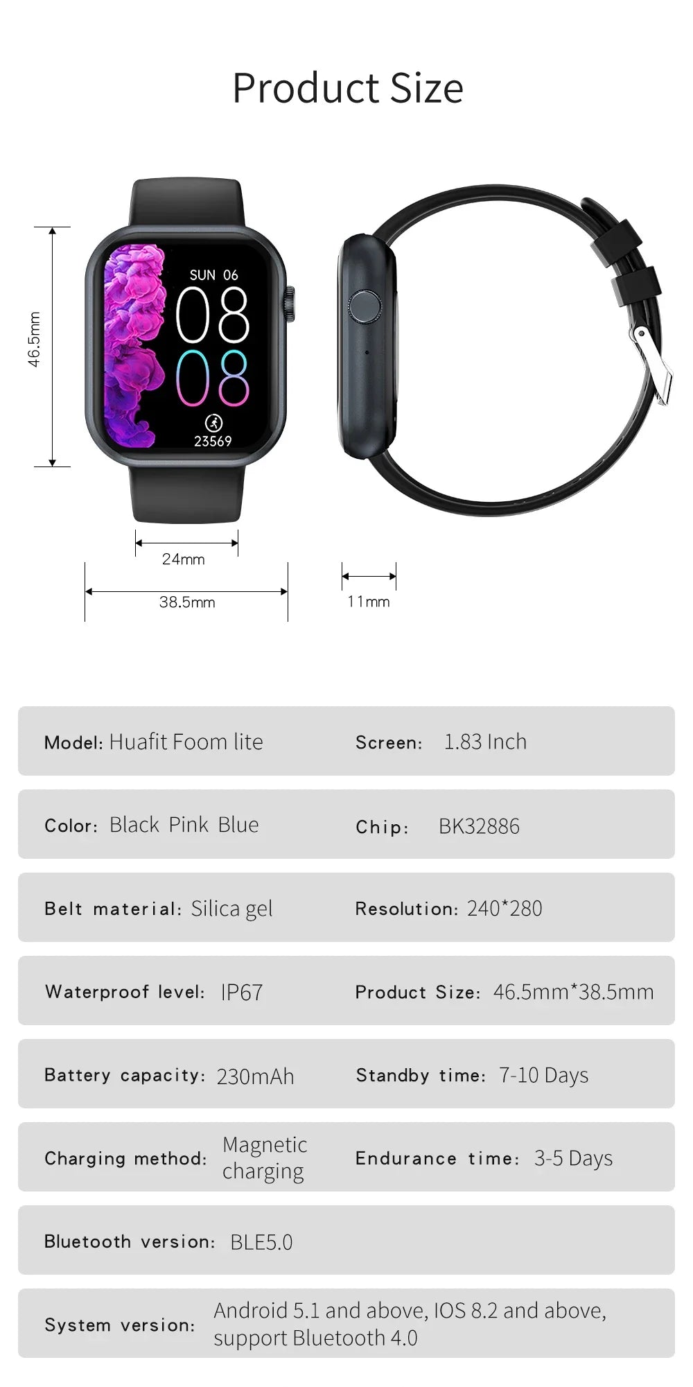 2025 New Smart Watch 1.83'' Simple Style HD 120h Long Battery Life IP67 Waterproof TFT Screen Smart Bracelet For Android IOS