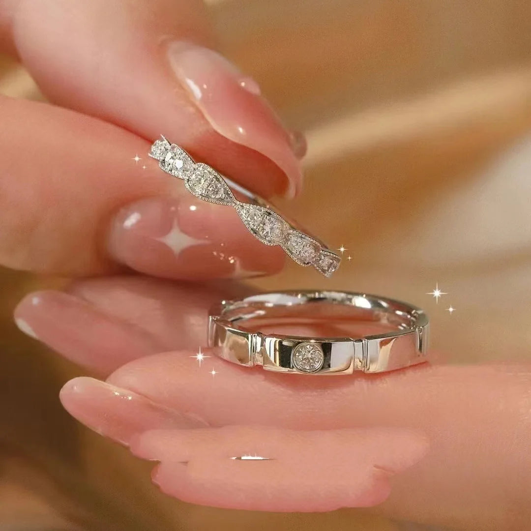 1/2pcs Silver Color Shiny Zircon Matching Couple Rings Luxury Delicate Wedding Rings Set for Women Men Charm Jewelry Accessories