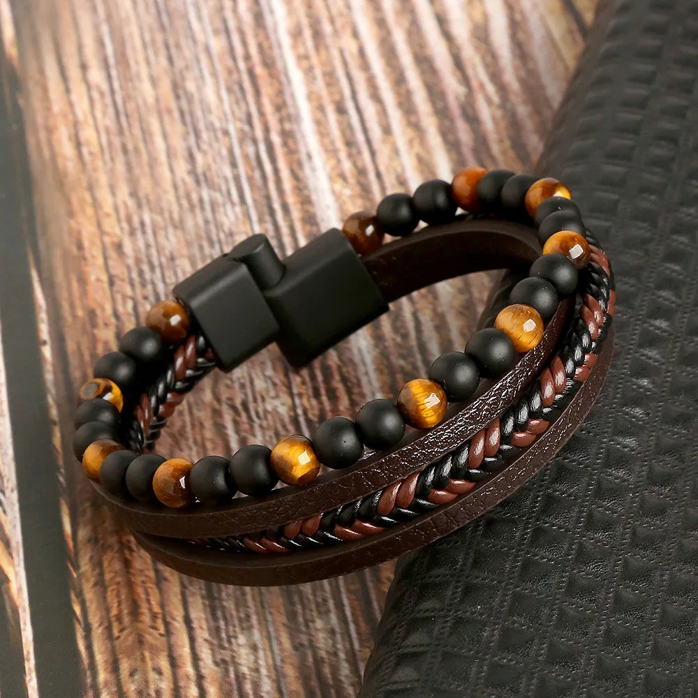 New Vintage Leather Handwoven Rope Bracelet Leather Beaded Magnetic Buckle Men's Bracelet Fashion Jewelry Wholesale