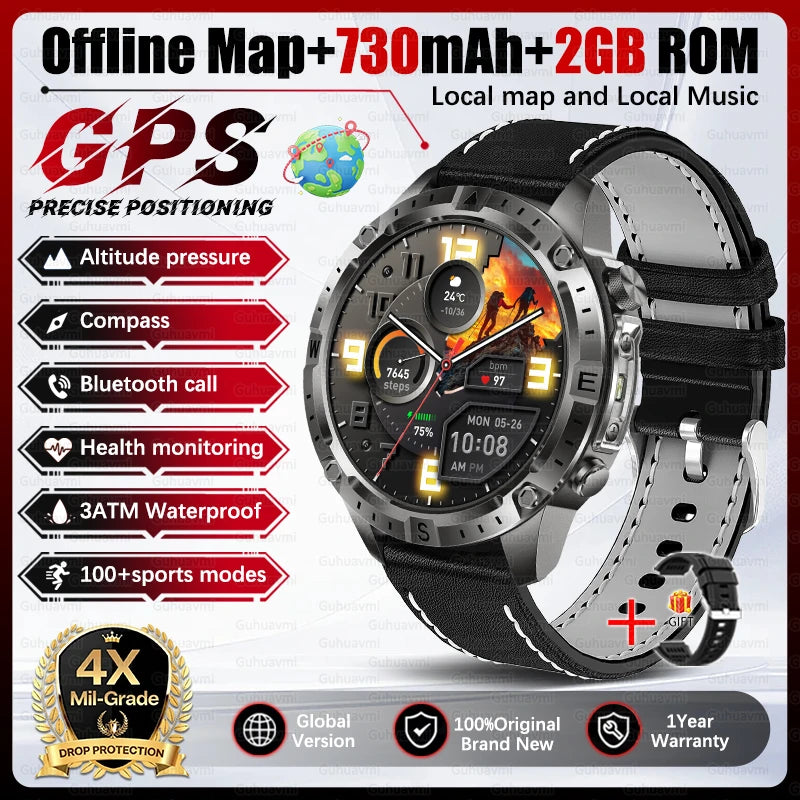Dual-Band GPS Smart Watch Men Tactical Military Grade 1.43" AMOLED Offline Map 100+Sports 3ATM Waterproof 730mAh Battery Watches