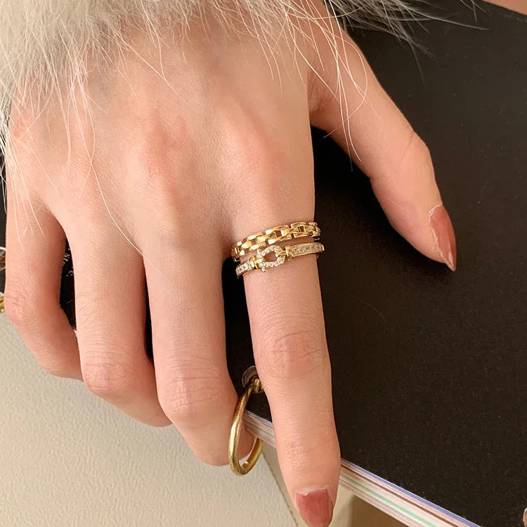 14K gold plated 2023 Korean new fashion jewelry double-layer zircon cross ring elegant women's opening daily work accessories