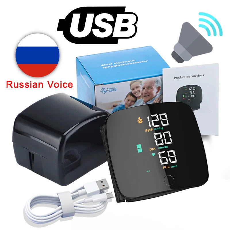 New LED Wrist Blood Pressure Monitor Rechargeable English Voice Broadcast Sphygmomanometer Tonometer BP Monitor