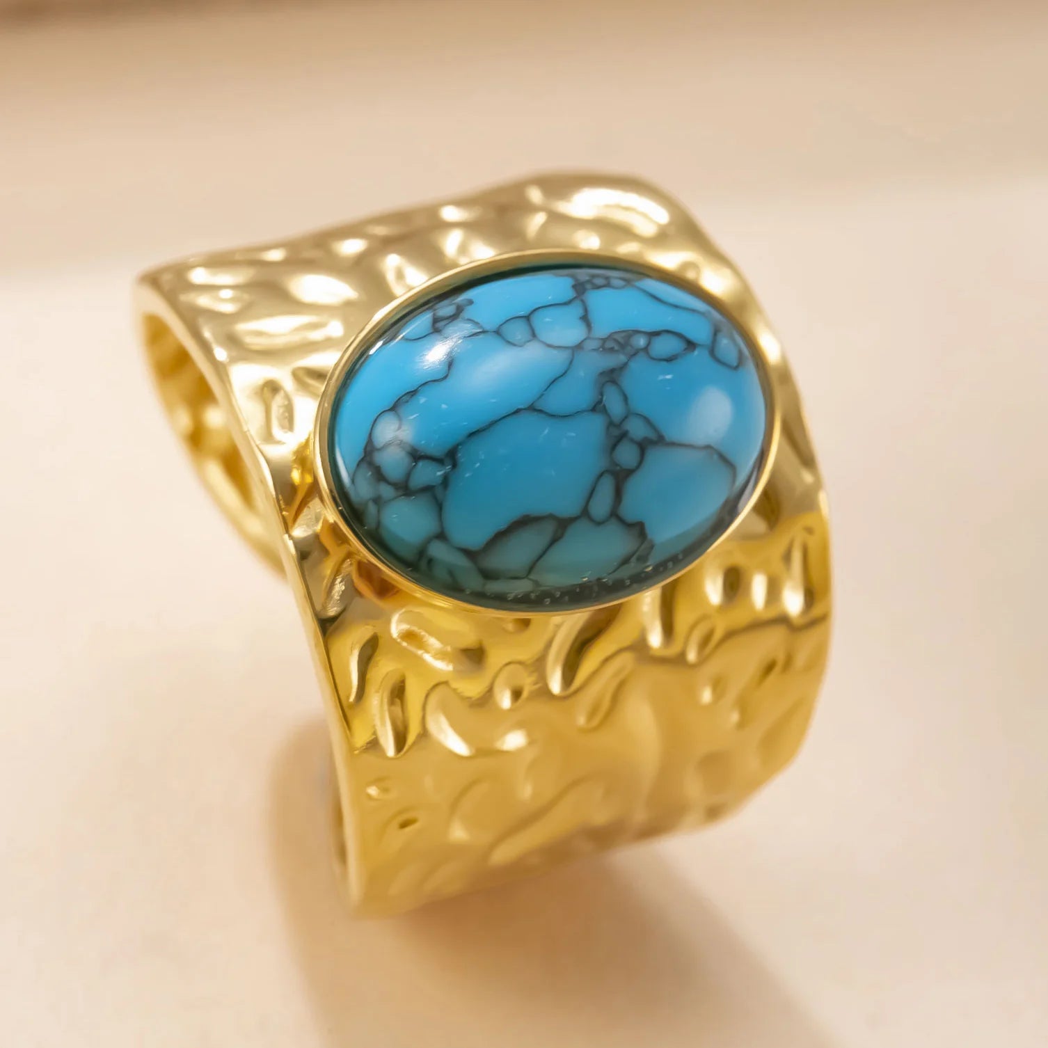 Fashion Stainless Steel Round Natural Stone Green Turquoise Malachite Geometric Ring Women Bohemian Vintage Jewelry