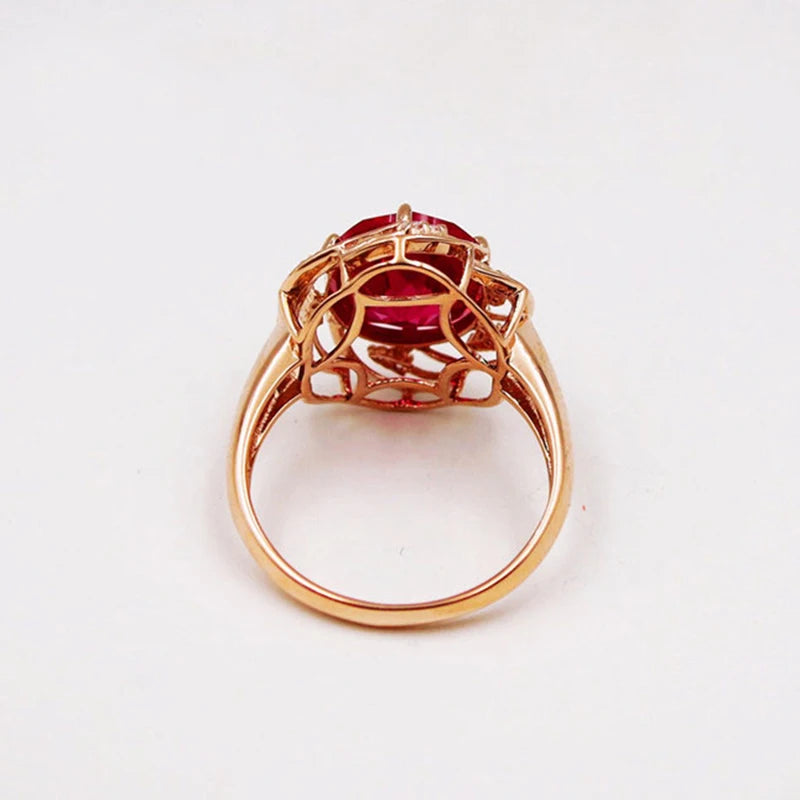 585 Purple Gold 14K Rose Gold Inlaid Flower Ruby Rings For Women Adjustable Elegant Crystal Charm Wedding Engagement Jewelry