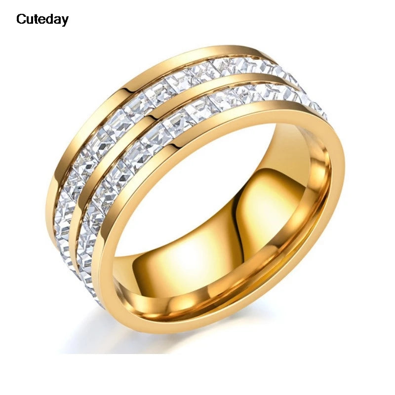 Luxury Rose Gold Double Rowed Square Zircon Stainless Steel Ring Women's Romantic Engagement Wedding Party Jewelry Women Gift