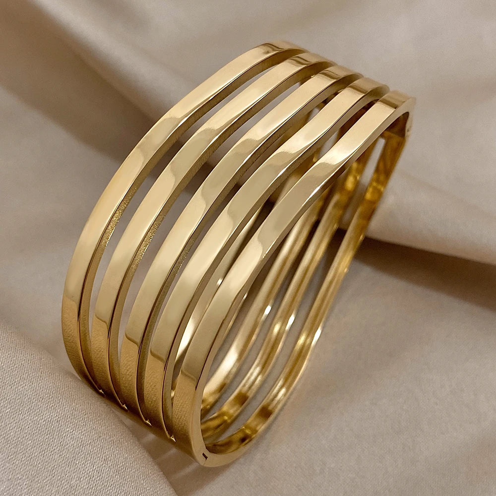 Stainless Steel Bangles Bracelets Multi-layered Line Wide Cuff for Women Vintage Fashion Versatile Hinged Waterproof Jewelry