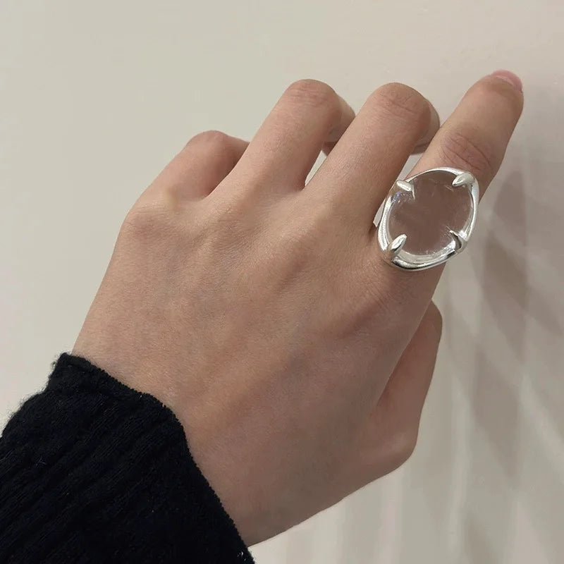 PANJBJ 925 Sterling Silver Geometry Crystal Ring For Women Ellipse Exaggerated Punk Water Drop Open Jewelry Gift Dropshipping