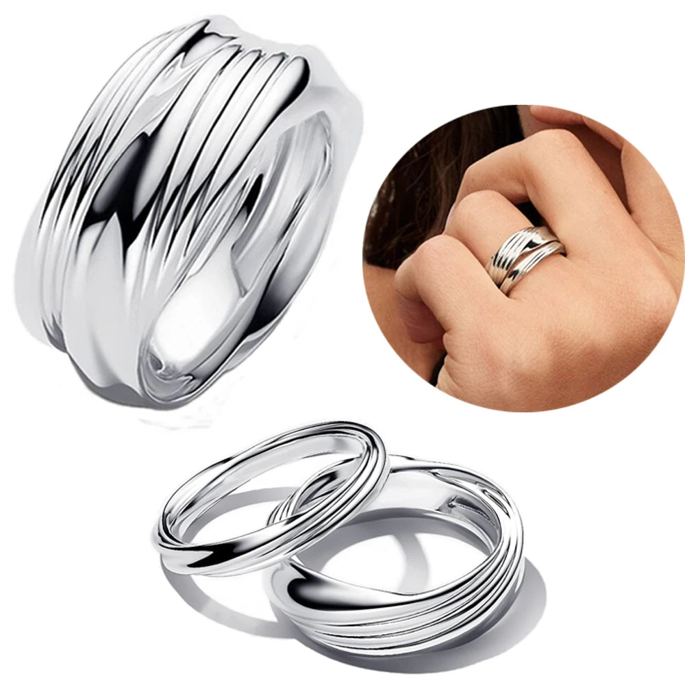 European and American Fashion 925 Sterling Silver Ripple Twisted Double Ring&Unlimited&Wide Face French Ring Couple Style Jewelr