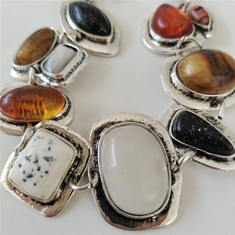 2025 New Indian Fashion Silver Plated Vintage Statement Bracelets Women Boho Ethnic Resin Stone Resin Bracelets Jewelry