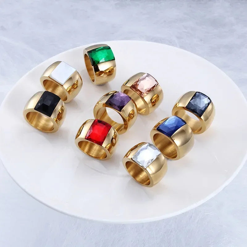 Women Fashion Stainless Steel Ring Quality Austrian Crystal Blue Green Red Stone Ring Female Titanium Gold Color Wedding Ring