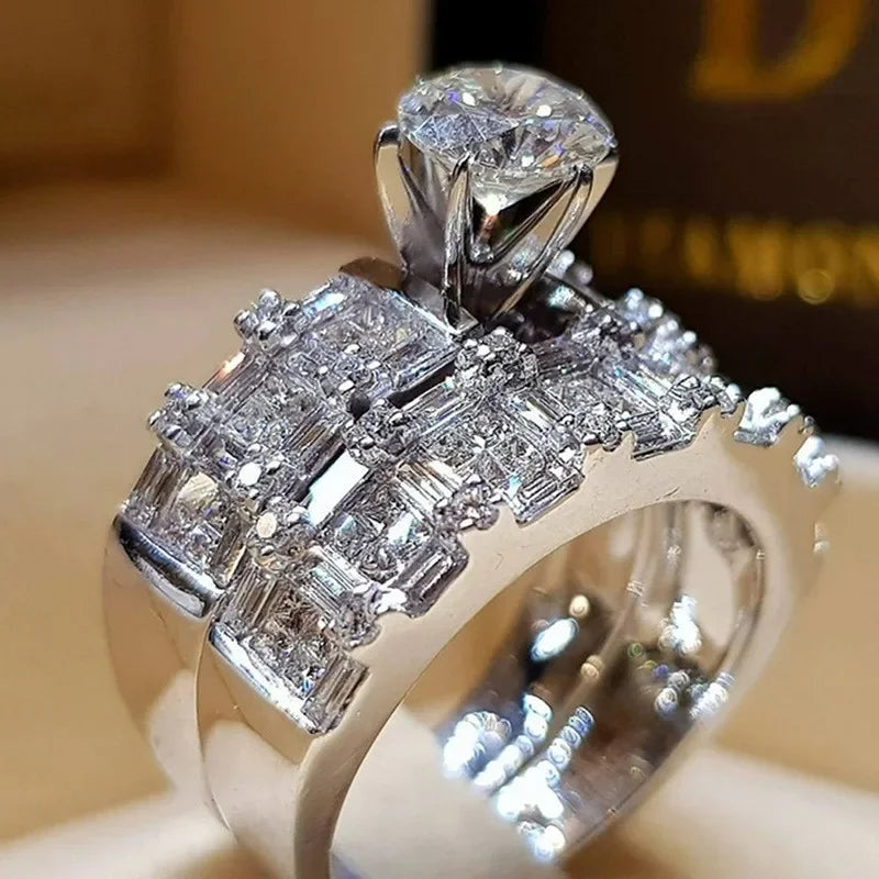 2PCS/Set Milangirl Trendy Crystal Ring Set Wedding Rings Women Geometric Luxury White Bridal Rings Jewelry Ladies Party