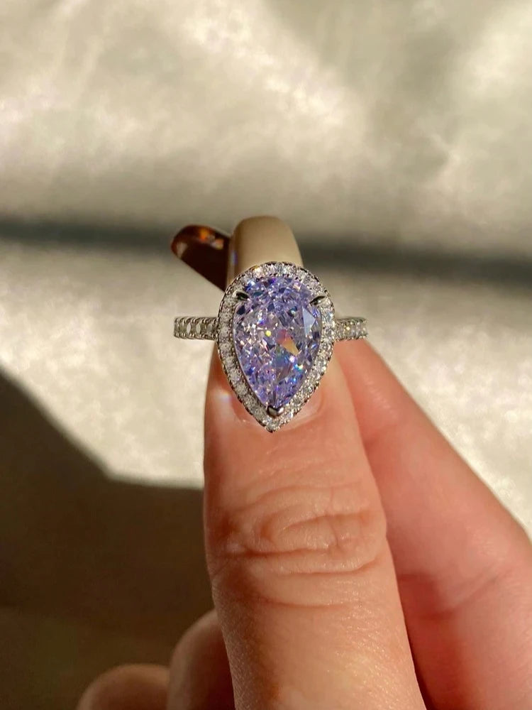 925 Sterling Silver Gorgeous Pink Color Zircon Water Drop Ring For Women Engagement Wedding Luxury High Quality Fine Jewelry