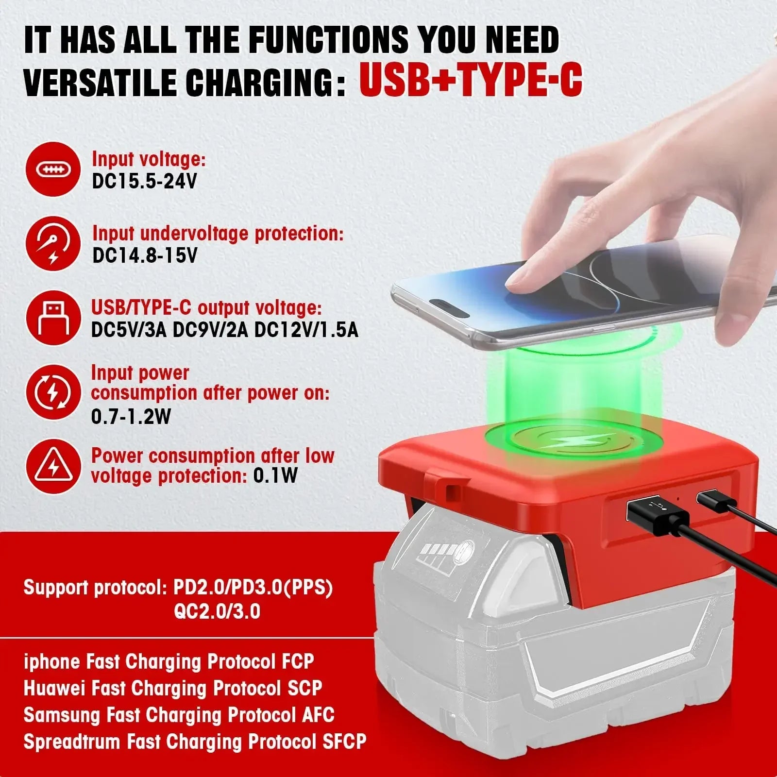 Wireless Phone Charger For Milwaukee 18V Li-ion Battery Phone Charger with USB Port and TYPE C Port Portable Outdoor Power Bank