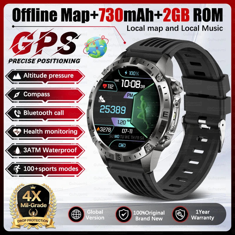 Dual-Band GPS Smart Watch Men Tactical Military Grade 1.43" AMOLED Offline Map 100+Sports 3ATM Waterproof 730mAh Battery Watches